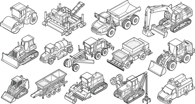 Comprehensive collection of heavy construction machinery and industrial equipment in isometric vector line art style