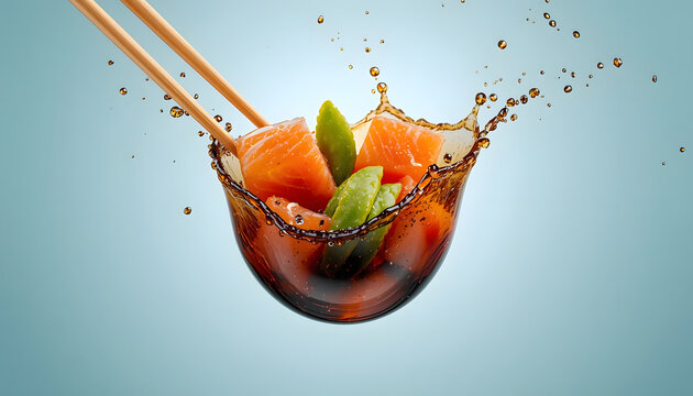 Salmon Sushi Splashing in Soy Sauce with Chopsticks