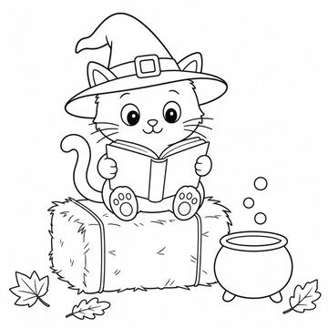 Coloring page cute cat witch halloween, cat in witch hat, reading book on hay bale, cauldron and autumn leaves, pet coloring book page.