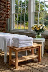 Fototapeta premium Rustic treatment room with stacked white towels on a wooden bench beside a large window and vase of wildflowers for spa background