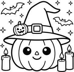 Obraz premium Cute Pumpkin Witch Halloween Coloring Page Line Art Illustration
