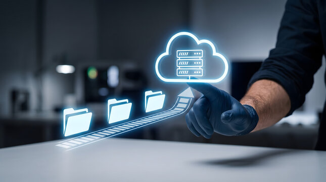 Cloud engineer managing digital cloud migration process using futuristic holographic technology interface