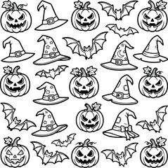 Obraz premium Halloween Icons Set with Jack-o'-lanterns, Witch Hats, and Bats Vector