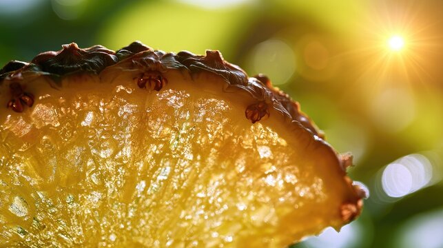 Close-up translucent pineapple slice with sunflare and bokeh