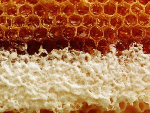 Close-up of honeycomb cells transitioning from dark amber honey to white comb