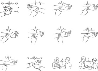 Obraz premium Diagnostic wrist pulse line icons for heartbeat, ECG, vital signs, health monitoring and medical checks.