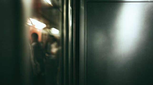 Blurred figures and reflections in a dimly lit, metallic train carriage