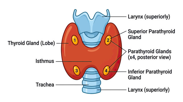 Anatomical illustration of the human thyroid and parathyroid glands.