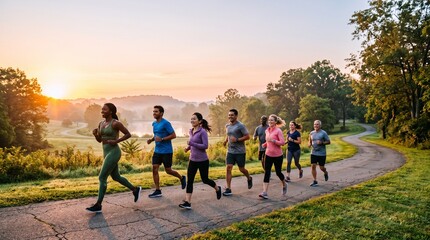 Fototapeta premium Diverse group of people enjoying a sunrise jog on a scenic park path