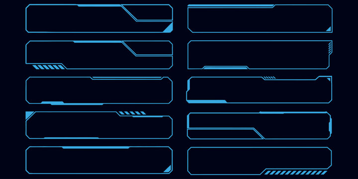 Set of futuristic blue digital lower thirds frames for broadcast video and tech interface design.