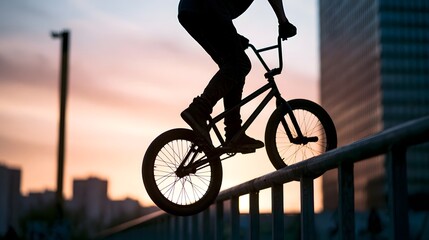 Obraz premium A silhouette of a person riding a BMX bike while balancing on a metal railing during sunset over a cityscape