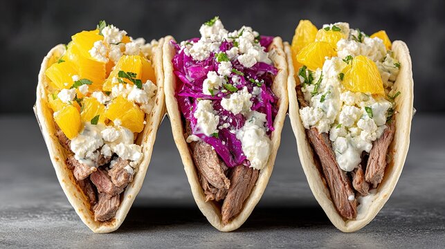 Three gourmet soft shell tacos filled with braised beef orange segments red cabbage and crumbled white feta cheese topping