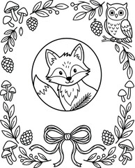 Fototapeta premium A cute fox surrounded by a woodland themed border featuring mushrooms, pinecones, an owl, and a embellishing ribbon for coloring fun.