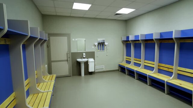 Room features neatly arranged locker units with wooden surfaces and blue trim. Space suggests preparation and discipline for sport teams