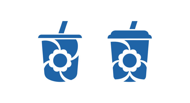 Two blue paper cups with straws and biohazard symbols.