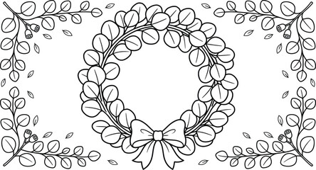 An intricate circular botanical wreath adorned with graceful eucalyptus leaves and a elegant central adorning bow for crafts. © MstBaby