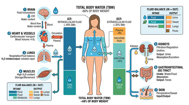 Human Body Fluid Balance and Total Body Water Distribution Infographic