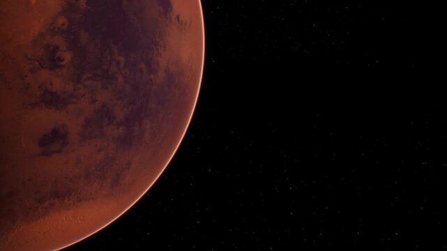 The close view shows the surface of Mars with its reddish color. Dark space surrounds the planet, and many stars are visible in the background.