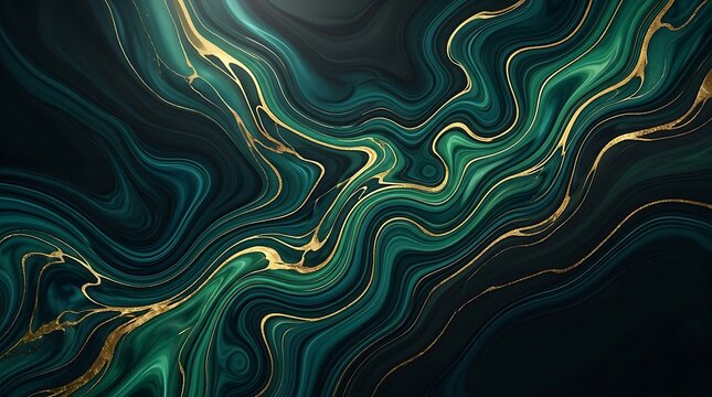 Elegant emerald and gold marble abstract background with fluid swirls