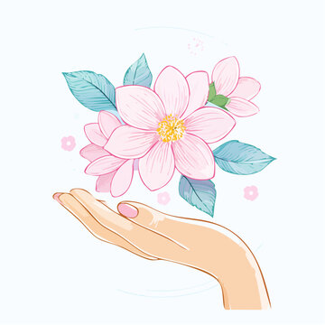 Main tenant un lotus rose et bleu, symbole de paix, puret&eacute; et bienveillance illustr&eacute;