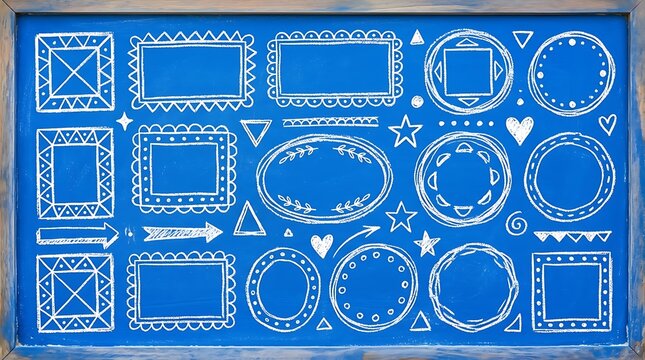 Hand drawn white frames and shapes on blue background