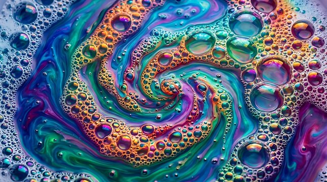 Vibrant colorful swirling pattern with iridescent bubbles