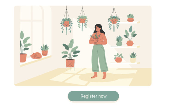 Cozy home gardening workshop banner with a young woman standing in a room full of green houseplants and a sleeping cat.