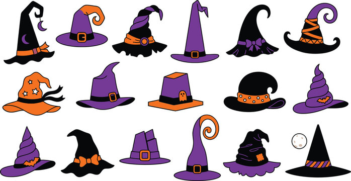 Halloween witch hats in purple black and orange for spooky festivities and costume ideas