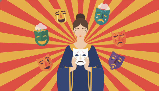 Theater actress holding a dramatic sad mask in front of her face surrounded by various emotional theatrical masks on a red sunburst background.