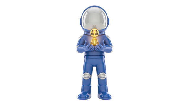 Glossy blue astronaut holding a small golden alien figure with a smooth metallic surface and soft lighting in a 3d render on transparent background