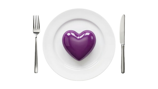 Shiny purple glossy heart shape resting on a white ceramic dinner plate with silver fork and butter knife placed neatly arranged on transparent background