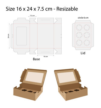 6 Cupcake Box Dieline Template with Window and Printable Packaging Keyline