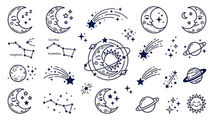 Celestial moon stars and planet line art icons set © ghina