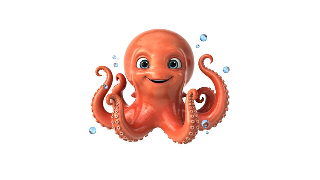 Cute orange cartoon octopus with large expressive eyes and floating water bubbles rendered in a bright glossy 3d style isolated as a character on transparent background