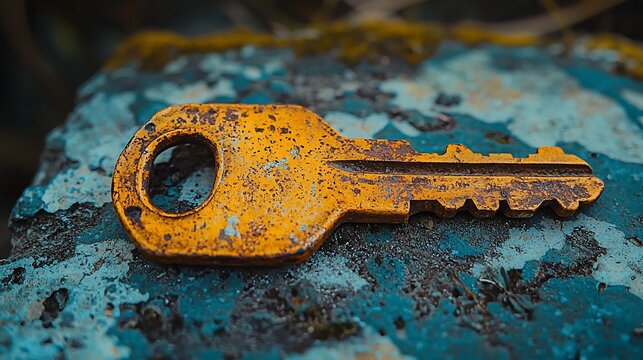 Rusty key on stone, outdoors, nature background, security concept