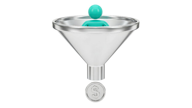A teal human figure inside a metallic marketing funnel converting into a single silver dollar coin representing business lead generation concepts isolated on transparent background