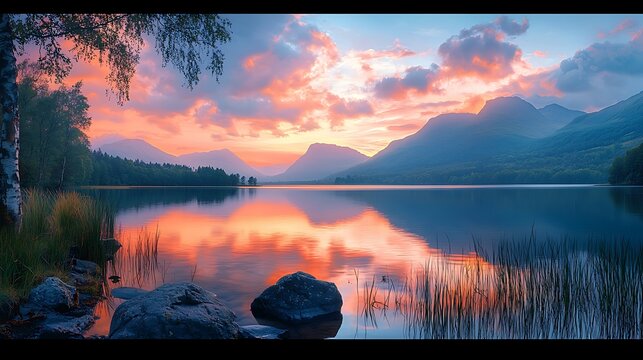 Serene sunset reflecting on calm mountain lake