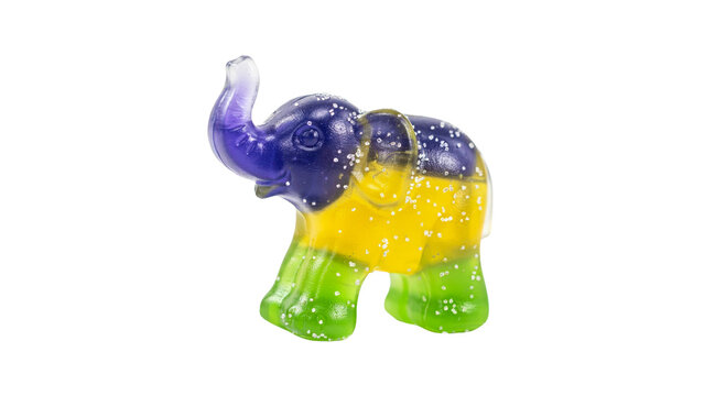 A vibrant colorful gummy elephant candy with sprinkles of sugar shaped like a cute animal toy isolated for sweet treat marketing concepts on transparent background