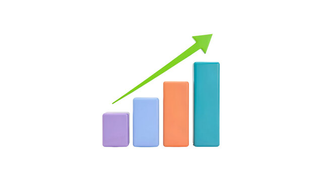 3d rendered colorful bar chart showing business growth with a bright green upward pointing arrow isolated in a high quality style on transparent background