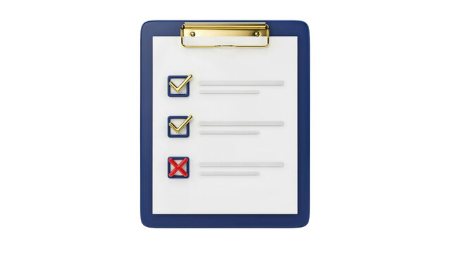 Blue clipboard featuring a white paper sheet with gold check marks and a red cross symbol rendered in a high quality 3d style on transparent background