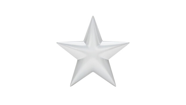 Glossy three dimensional silver star shape with smooth polished metallic texture and bright reflective surfaces captured in a minimal studio setting isolated on transparent background