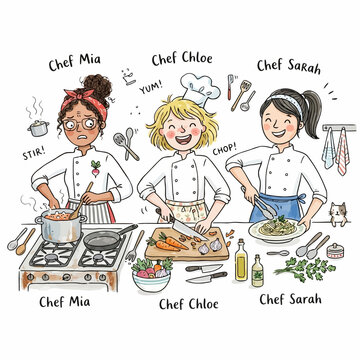 Three chefs Mia Chloe Sarah preparing food and cooking together happily.