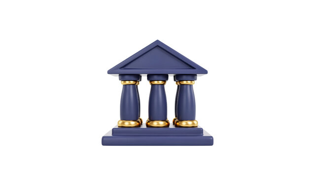 Small blue bank building icon with shiny golden column accents featuring a polished 3d design rendered for financial services presented as an isolated object on transparent background