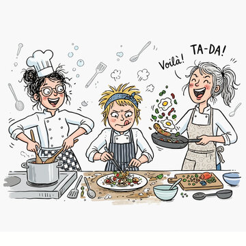 Three chefs showing off culinary skills in professional kitchen.