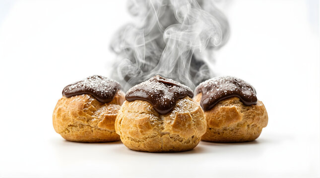 Three Cream Puffs Dusted With Powdered Sugar Topped With Chocolate Ganache Emerging From Soft Smoke Against A White Background