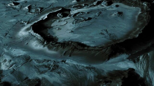 The image shows a view of the lunar surface with various craters and geological formations visible. The shadows and textures provide insight into the moons structure and history.