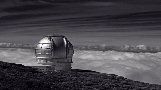 bBack and white old movie style clip.Optical Telescope on La Palma Island, Spain.The Gran Telescopio Canarias (GTC) on the Roque de Los Muchachos. 