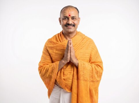 Smiling Hindu Priest Greeting with Namaste on White Background