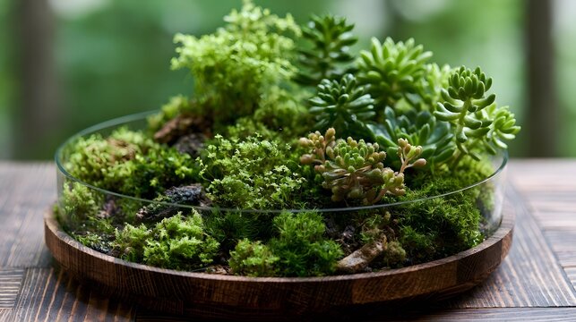 A lush miniature garden featuring vibrant green moss and small succulent plants arranged within a clear glass container on a wooden surface
