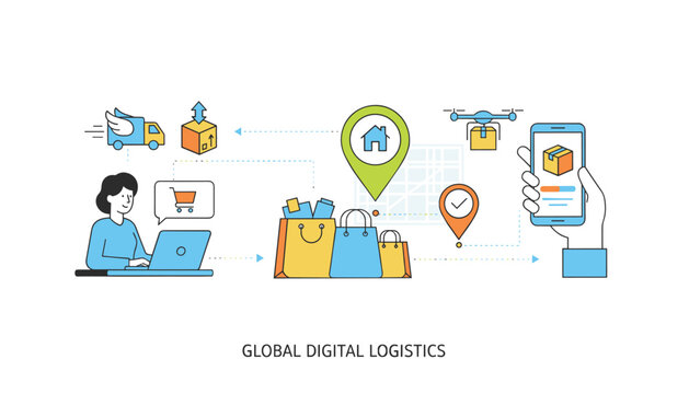 Detailed infographic diagram of a global digital logistics network showing online order processes from purchase to drone delivery.